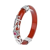 Brazalete de ágata roja para Mujer, Hermosa Pulsera de Jade con Incrustaciones de Plata de Ley S925 con Hebilla Viva, Hecha a Mano, joyería de Regalo de la Suerte Diámetro Interior 56-58 mm