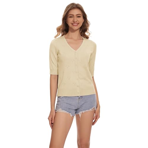 Image of Women's Short Sleeve V Neck Shrugs Button Down Knit Cropped Cardigan Sweater Tops