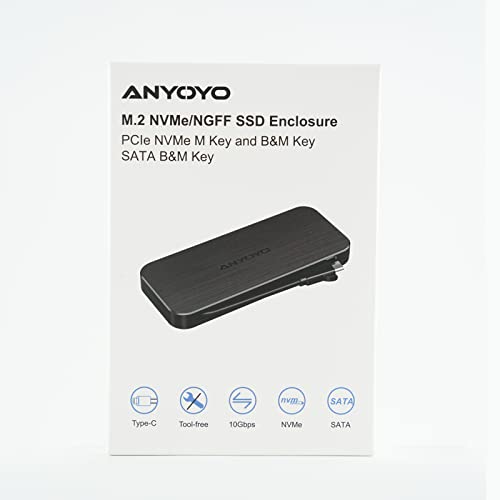 NVMe Gehäuse, ANYOYO M.2 NVMe SATA Gehäuse 10 Gbps PCIe M.2 SSD Gehäuse für 2230 2242 2260 2280 M.2 NVME/SATA SSD von M-Key oder M+B Key, Typ-C USB 3.2 Gen2 Solid State Drive Hülle, Unterstützt UASP