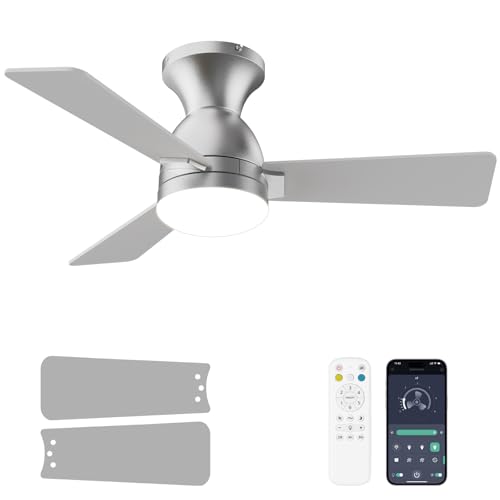 Dolavast Ceiling Fans with Lights and Remote, 36 Inch Ceiling Fan with Light, Low Profile, Reversible, Dimmable LED, Flush Mount, Quiet, DC Motor, Nickel Ceiling Fan for Bedroom, Kitchen, Dining Room