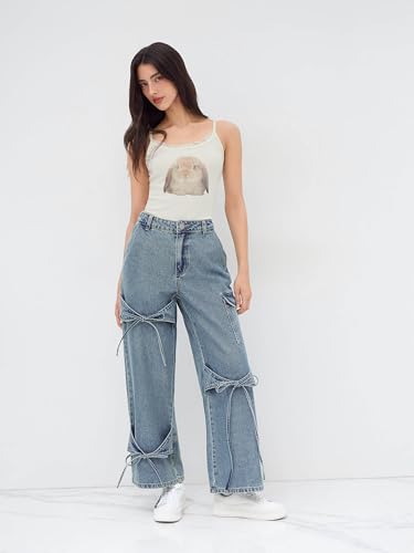 CIDER Baggy Jeans for Women Low Waisted Wide Straight Leg Bow Jeans Denim Pants4