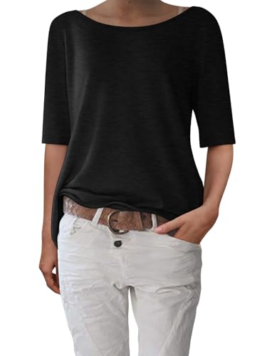 shownicer Tee Shirt Femme Manches Mi-Longues Col Bateau T-Shirt Ete Décontracté Haut Ample Basic Top A Noir M