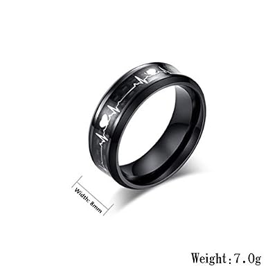 Men's Women's Stainless Steel Simple Electrocardiogram Carbon Fiber ECG Heartbeat Ring
