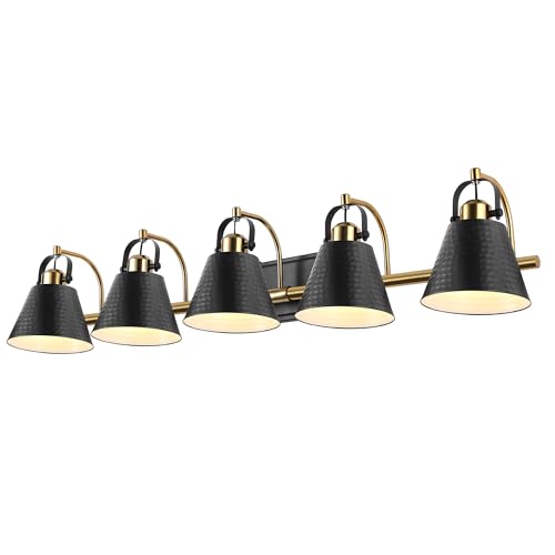 5-Lights Black and Gold Vanity Light, 40inch Modern Farmhouse Vanity Lights, Bathroom Light Fixtures Over Mirror with Hammered Metal Shade, Brushed Gold Wall Lamp for Bath Mirror Living Room Cabinet by PAZALA - Used condition - US$125.99