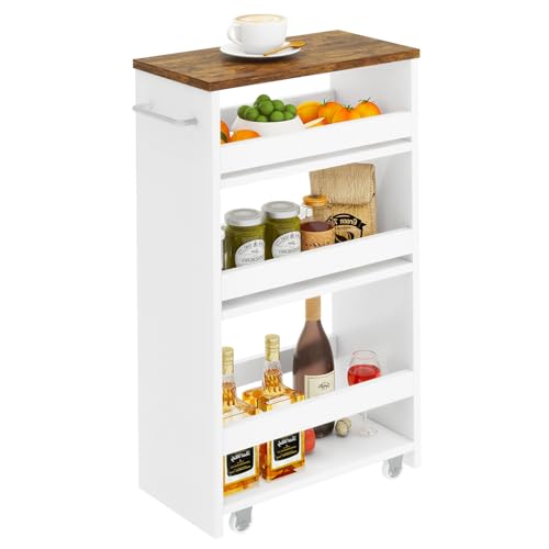 IBUYKE Chariot de Rangement de 20cm Large,Desserte 4 Niveaux,Étagère de Cuisine Fin avec roulettes Poignée,Petit Espace Desserte pour Ceuisine, Salon,...