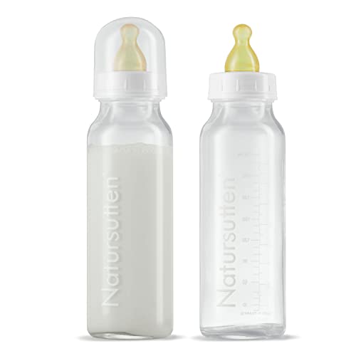Image of Natursutten Anti-Colic Glass Baby Bottle 2-Pack - 8 oz, 4 oz Bottles for Breastfeeding Babies - Newborn Bottles Set: Natural Rubber Slow-Flow Bottle Nipples, Seals, Valves, Baby Bottle Caps (8 Ounce)