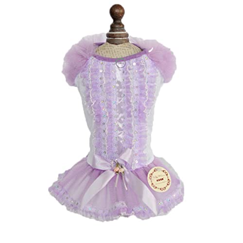 Nikkashop 犬 服 ドレス ワンピース ペットのドレス 女の子 小型犬 パーティードレス チュチュ フリルスリープ フリル ライン レース キラキラ 可愛い 結婚式 誕生日 記念日 クリスマス ハロウィン (パーブル, XS)