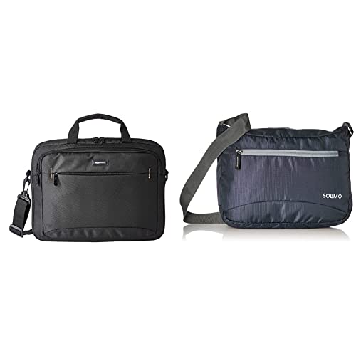 Image of AmazonBasics 14-Inch Tablet Bag, Black and Amazon Brand - Solimo Sling Bag (Navy Blue)