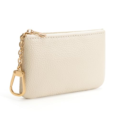 Image of Full Grain Leather Coin Purse with Key Chain - Small Change Purse Keychain Card Holder Keychain Pouch Small Keychain Wallet for Women and Men (Creamy-white, Large Size)