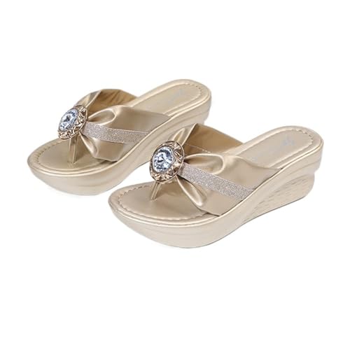 Womens Dressy Rhinestone Platform Flip Flops Trendy Comfortable Arch Support Cushion Walking Thong Sandals Low Wedge Slippers Summer Pool Beach