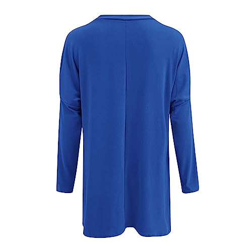 Camiseta de invierno para mujer, cuello redondo, manga larga, cómoda manga abultada, blusa con patrón de impresión, bolsillo práctico, azul, M