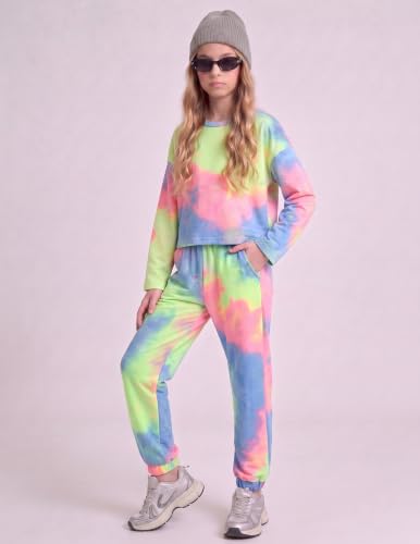 Image of Arshiner Girls 2 Piece Outfits Kids Trendy Tie Dye Sweatsuits Sets | Size 5-14Y, Girls 2-Piece Tracksuit Set, Tie Dye Print, Long Sleeve Top & Jogger Pants, Soft Polyester, Elastic Waistband