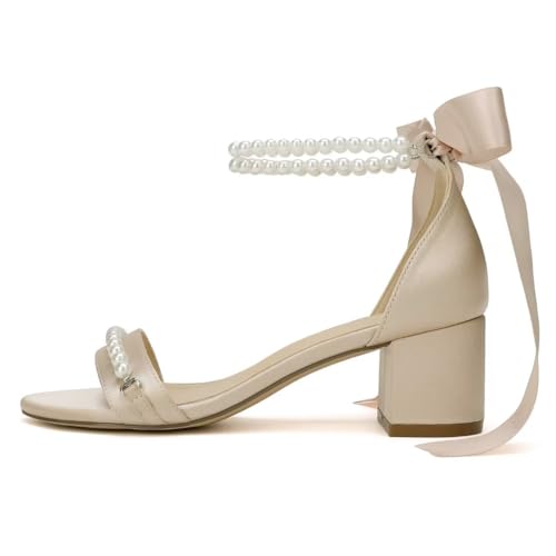 Image of Block Heel Wedding Sandals, Pearl Embellished Ankle Strap, Low Heel Bridal Shoes for Women, Size EU 36-41