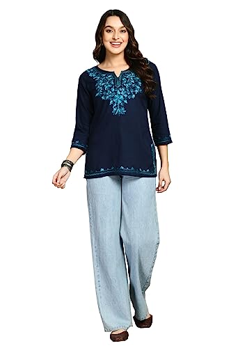 Image of QAZMI Aari Embroidered Rayon Cotton Short Kurti