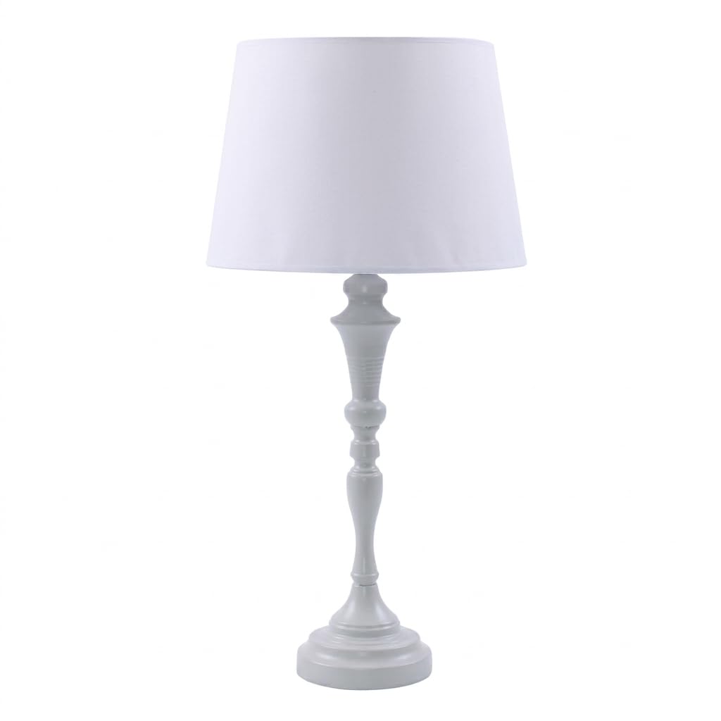 DiKasa Lampada da Tavolo Classica Alta in Metallo Grigio con Paralume in Cotone Bianco, Design Elegante e Slanciato con Attacco E14 per Soggiorno Camera Ufficio Ø35x70 cm