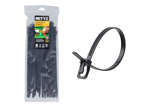 RETYZ 12-Inch Black Reusable Releasable Cable Ties – 100 Pack, 50 lb Strength, Patented Quick-Release, Tool-Free Design for Home, Office, and Light Industrial Use