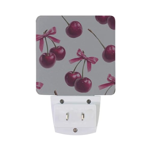 Image of Cherry Pink Bow Pattern Night Lights 2 Pack Plug-in Wall Led Nightlight Auto Dusk-to-Dawn Sensor Lamps for Bedroom Kitchen Bathroom
