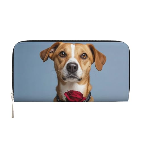 Pu Leather Wallet For Women Girl, Zip Around Credit Card Holder Dog Holding A Rose Long Wallet Clutch Purse Waterproof Travel Handbag
