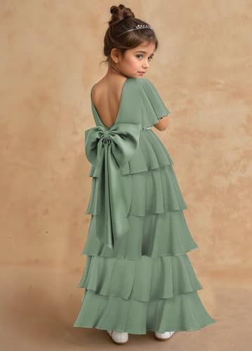 MAGGCIF Tiered Chiffon Junior Bridesmaid Dresses with Bow Short Sleeve A-Line Flower Girl Dresses Party Pageant Gowns2