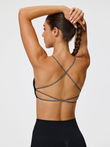 Seamless Sports Bra for Women, Crisscross Back Padded Yoga Bras with Glitter Spaghetti Straps, Low Impact Workout Tank Top Black — view 4