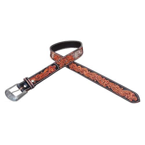 Circle Y Youth's Hair on Hide 1 1/4" Wide Durable Leather Cowhide Underlay Casual Belt w/Etched Buckle & Floral Hand Tooling2