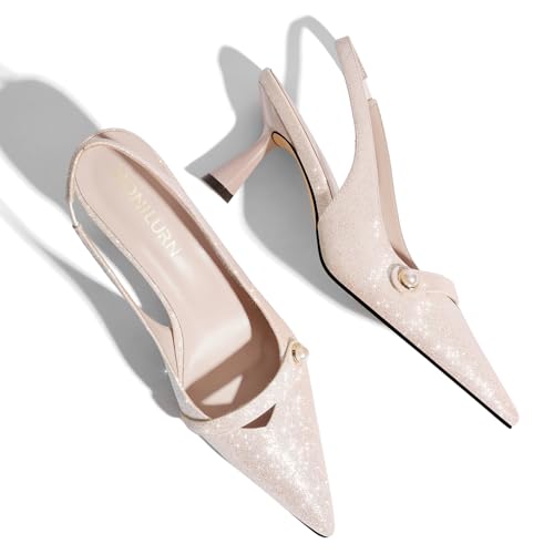 Image of Women Kitten Heels Slingback Low Heel Pumps Dress Shoes for Women Closed Pointed Toe Pearl Heels for Work Wedding Bridal