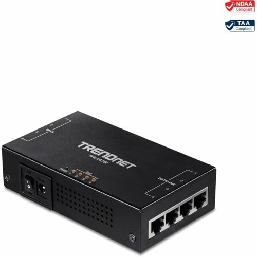TRENDnet 65W 4-Port Gigabit PoE+ Injector, TPE-147GI, 4 x Gigabit Ports(Data in), 4 x gigabit PoE Ports(Data + PoE Out), Multi-Port PoE+ Injector up to 100m(328 ft.), Add PoE+ Power to Non-PoE Switch