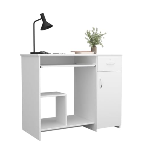 Image of 45x90x76CM Engineered Wood Study & Office Table with Drawer, Cabinet Storage & Keyboard Tray | Sturdy, Foldable DIY Multipurpose Table- White