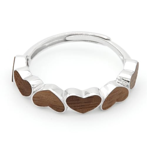 NaturSchatulle Holzschmuck Love Hearts Ring Holz aus 925 Silber Verstellbar Holzring mit Holzeinlage Schmuck Geschenk für Frauen