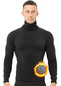 Zueauns Haut Thermique Col roulé pour Homme à Manches Longues Tee Shirt Doublure en Peluche sous-vêtements Thermiques Hiver Baselayer Chaud Hauts Thermiques Homme Confortable et Respirant