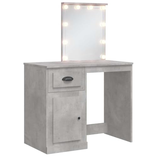 vidaXL Tocador, Mesa con Luces LED Espejo Cajón Compartimento, Tocador de Maquillaje, Mueble de Almacenaje para Vestidor Dormitorio, Gris Hormigón