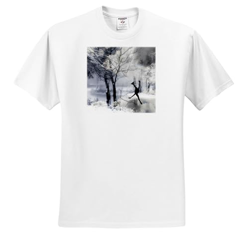 3dRose, Figure Skater Silhouette Skating on a Frozen Pond in a Beautiful Winter Snow Scene, T-Shirt