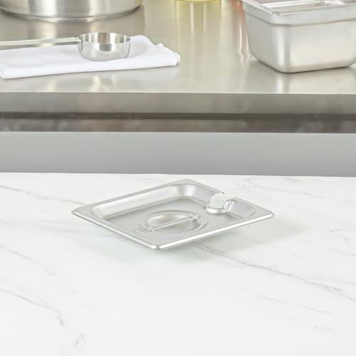Restaurantware-LID ONLY: Kitchen Tek 6.9 x 6.4 Inch Steam Table Pan Cover, 1 NSF Hotel Pan Cover - 1/6 Size Pan Sold Separately, With Handle, Stainless Steel Slotted Food Pan Lid, Durable - Thumbnail 3
