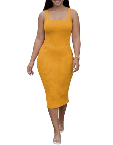 Image of TOPSRANI Women Sexy Midi Dress Bodycon Casual Sleeveless Basic Ruched Tank Summer Club Party Dresses