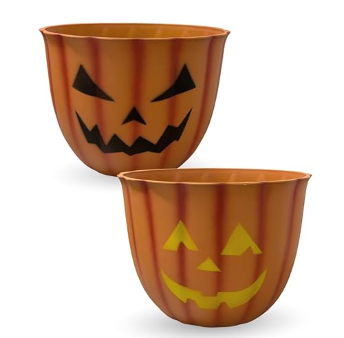 GROWSCAPE Halloween Pumpkin Planter with Face - 10 Fiber Clay Pot with Drainage Candy or Snack Bowl Indoor Outdoor Fall and Halloween Decor (2 Pack)