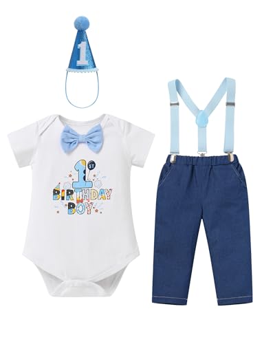 IMEKIS First Birthday Outfit Boy: Winter Onederland 1st Cake Smash Photoshoot One Year Old Baby Boy Bowtie Romper Denim Jeans Long Pants Suspenders Toddler Fall Clothes Set Blue 1 9-12 Months