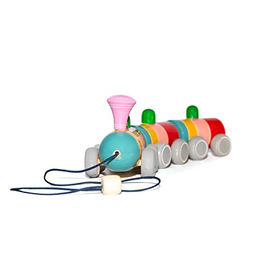 Lil Lattus Wooden Train Pull Along Toy (1 Year+) | Wooden Train with Attached String | Encourage Walking, Build Gross Motor Skills and Hand-Eye Coordination | Handcrafted by Indian Artisans