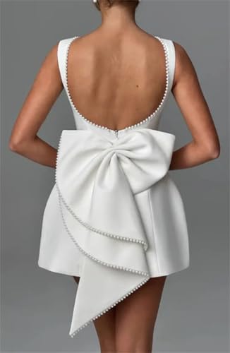 Womens Elegant Pearl Bow Backless Short Dress Sleeveless Slim A-Line Mini Dresses3