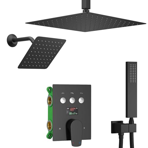 WHSHOWER Matte Black Dual Shower Heads Shower System with 12" Ceiling Mounted Rainfall Shower Head 8" Wall Mounted Shower Head Luxury Digital Display Shower Fixtures Shower Faucet Set WHSHOWER Matte Black Dual Shower Heads Shower System with 12" Ceiling Mounted Rainfall Shower Head 8" Wall Mounted Shower Head Luxury Digital Display Shower Fixtures Shower Faucet Set