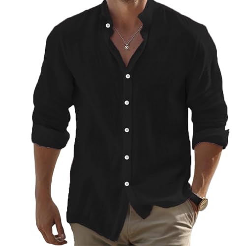 Generisch - Generisch Herren Shirt, Leinenhemd Langarm Baumwolle Shirt Männer Freizeithemd Regular Fit Strand Sommerhem Hemd Bügelfrei Für Business Slim Fit Flanell Manschettenknöpfe Stretch (L, Schwarz)