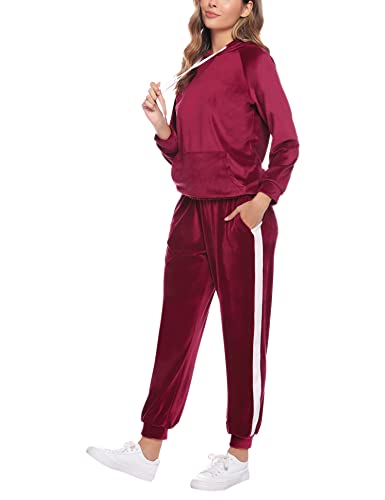 Sykooria Velour Sweatsuits for Women Flannel Tracksuit Velvet Jogging Suits Sweatsuits Set 2 Piece Tracksuit Set Wine Red L