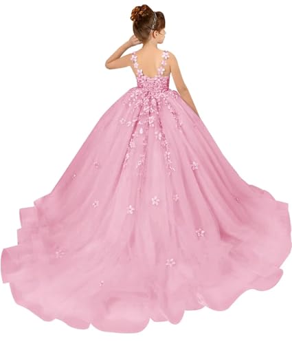 Tulle Flower Girl Dresses for Wedding Lace Appliques Princess Pageant Dress Sleeveless Birthday Party Ball Gown,Light Pink-6
