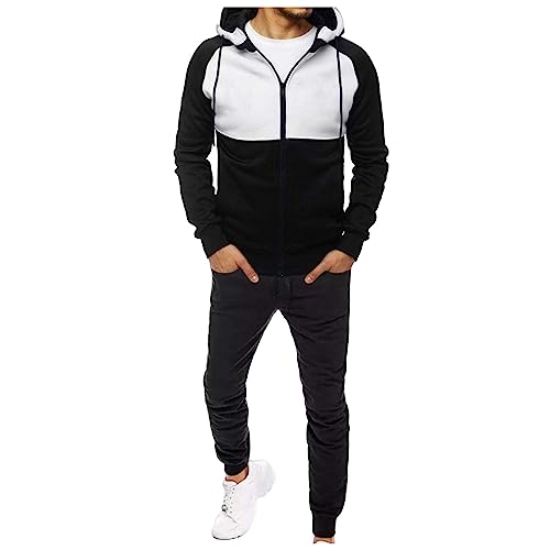 Mens Tracksuit Set 2 Piece Sweatsuits Zip up Athletic Hoodie Stretchy Sweatpants Color Block Jogging Suits Fashion Black