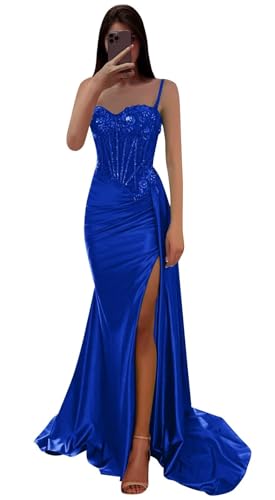 Sweetheart Satin Prom Dresses with Slit Lace Applique Pleated Corset Mermaid Long Evening Gown