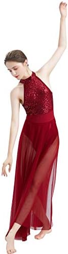 ODASDO Women Lyrical Dance Dress Modern Contemporary Dancewear Sleeveless Halter Backless Shiny Sequins Leotard Bodysuit Mesh Tulle Flowy Maxi Long Skirt Ballet Costume Wine Red XL
