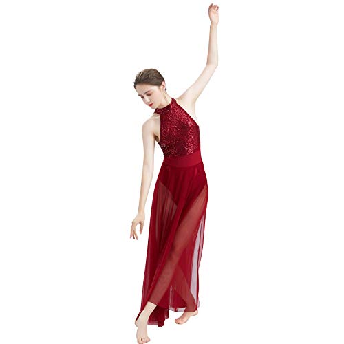 Odasdo Women Lyrical Dance Dress Modern Contemporary Dancewear Sleeveless Halter Backless Shiny Sequins Leotard Bodysuit Mesh Tulle Flowy Maxi Long Skirt Ballet Costume Wine Red Xl #TOP3