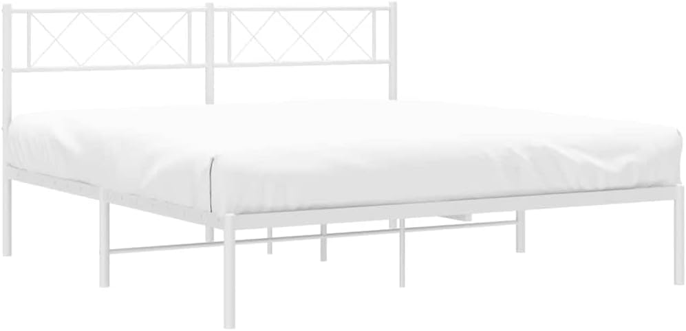 White Metal Bed Frame with Powder-Coated Steel, 55.9 x 77.2 in, Sturdy Platform Foundation with Headboard, Easy Assembly, No Box Spring Needed, Durable Slatted Design for Bedroom Storage