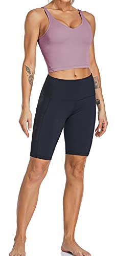 Image of Oalka Sports Bra Womens Longline Padded Crop Yoga Tank Tops | Built in Bras, Workout, Athletic, Fitness, Super Soft, Comfort, Cropped Top, Removable Pads, Heart Neckline For Women