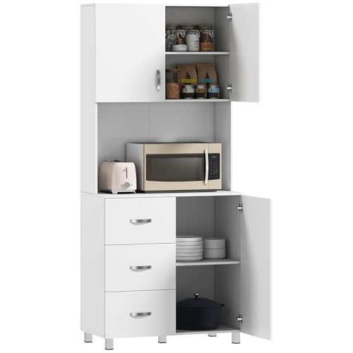 HOMCOM Freestanding Kitchen Pantry, Buffet with Hutch Storage Organizer with 2 Door Cabinets, 3 Drawers and Open Countertop, Adjustable Shelf, White