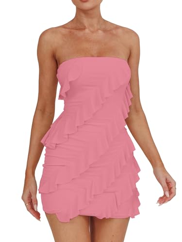 stunning tube top dress bodycon ruffle sleeveless party - pink